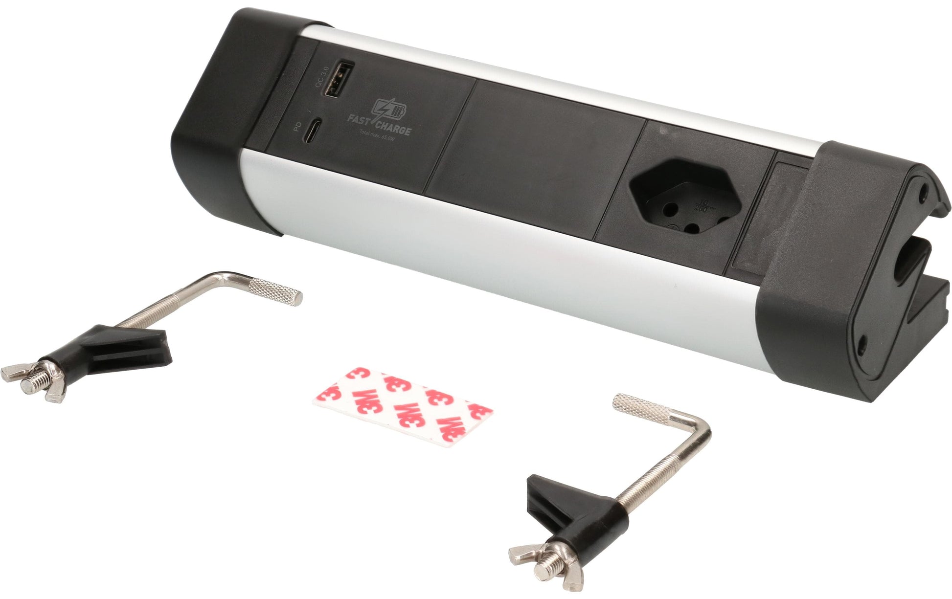 Max Hauri AG Max Hauri Alu-Office-Line – Tischsteckdosenleiste, 1× T13, 1× USB-A, 1× USB-C, 2,5 m, Stecker T12