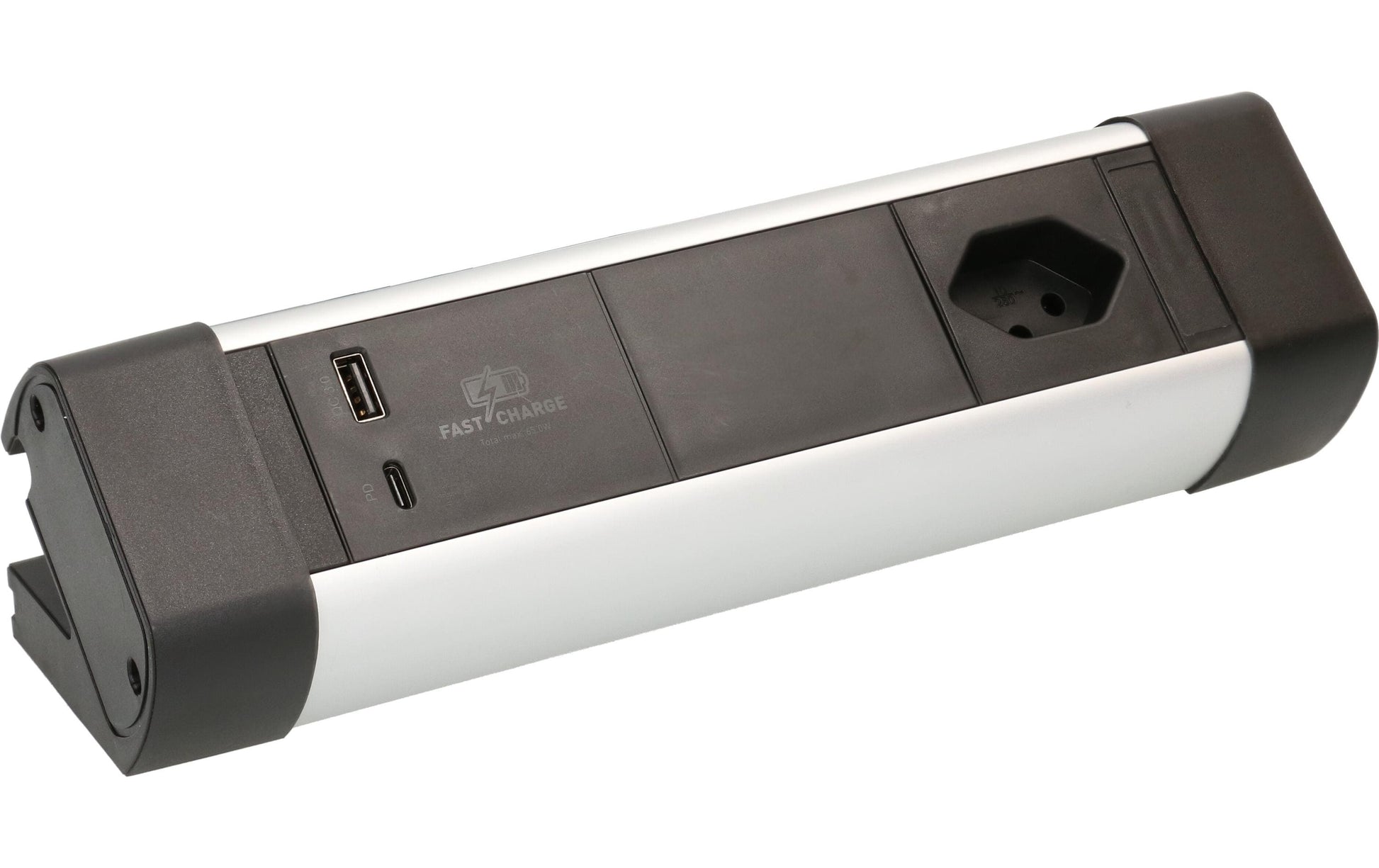 Max Hauri AG Max Hauri Alu-Office-Line – Tischsteckdosenleiste, 1× T13, 1× USB-A, 1× USB-C, 2,5 m, Stecker T12