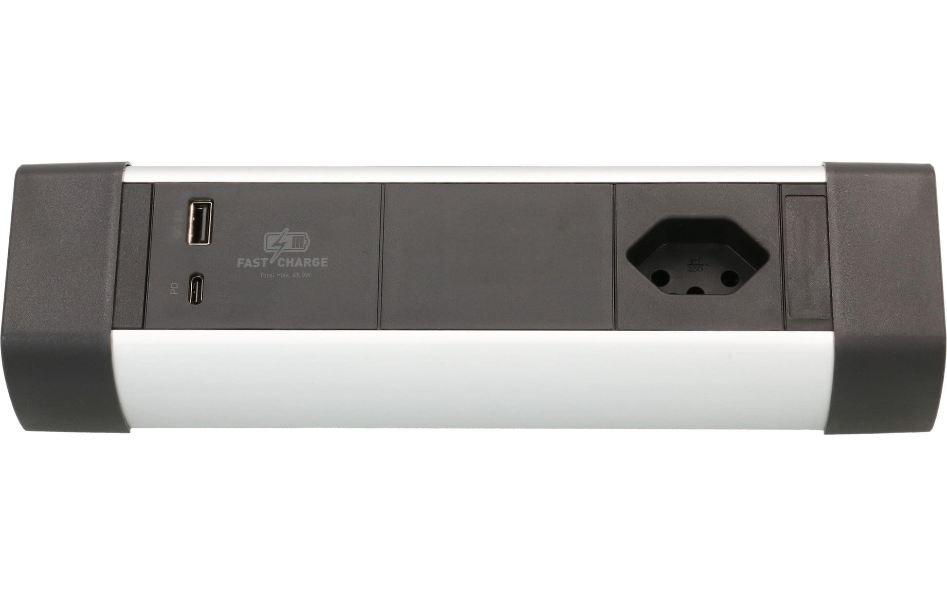 Max Hauri AG Max Hauri Alu-Office-Line – Tischsteckdosenleiste, 1× T13, 1× USB-A, 1× USB-C, 2,5 m, Stecker T12