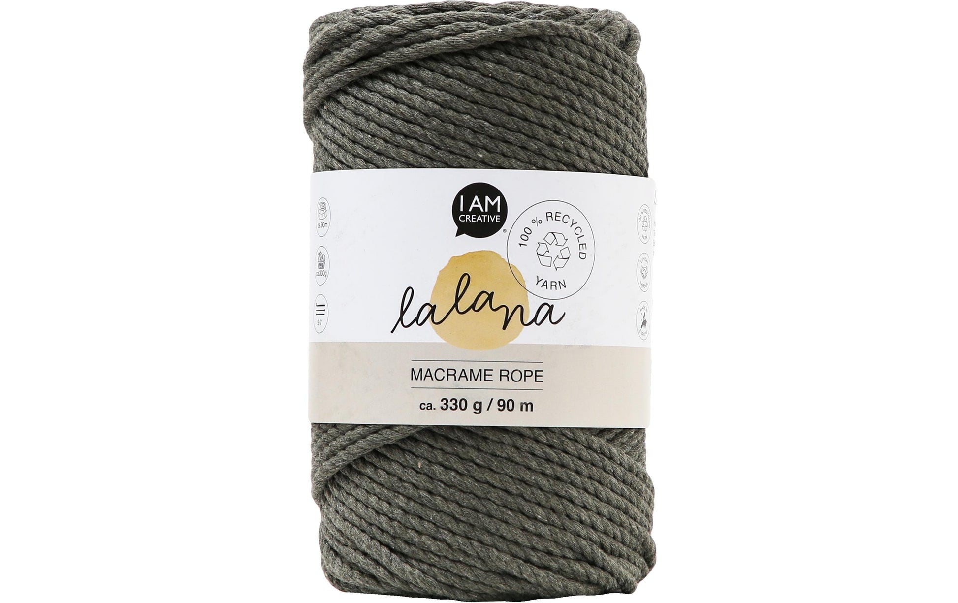 lalana Makramee-Kordel Khaki – Ø 3 mm, 330 g, 90 m, 80% Baumwolle/20% andere Fasern