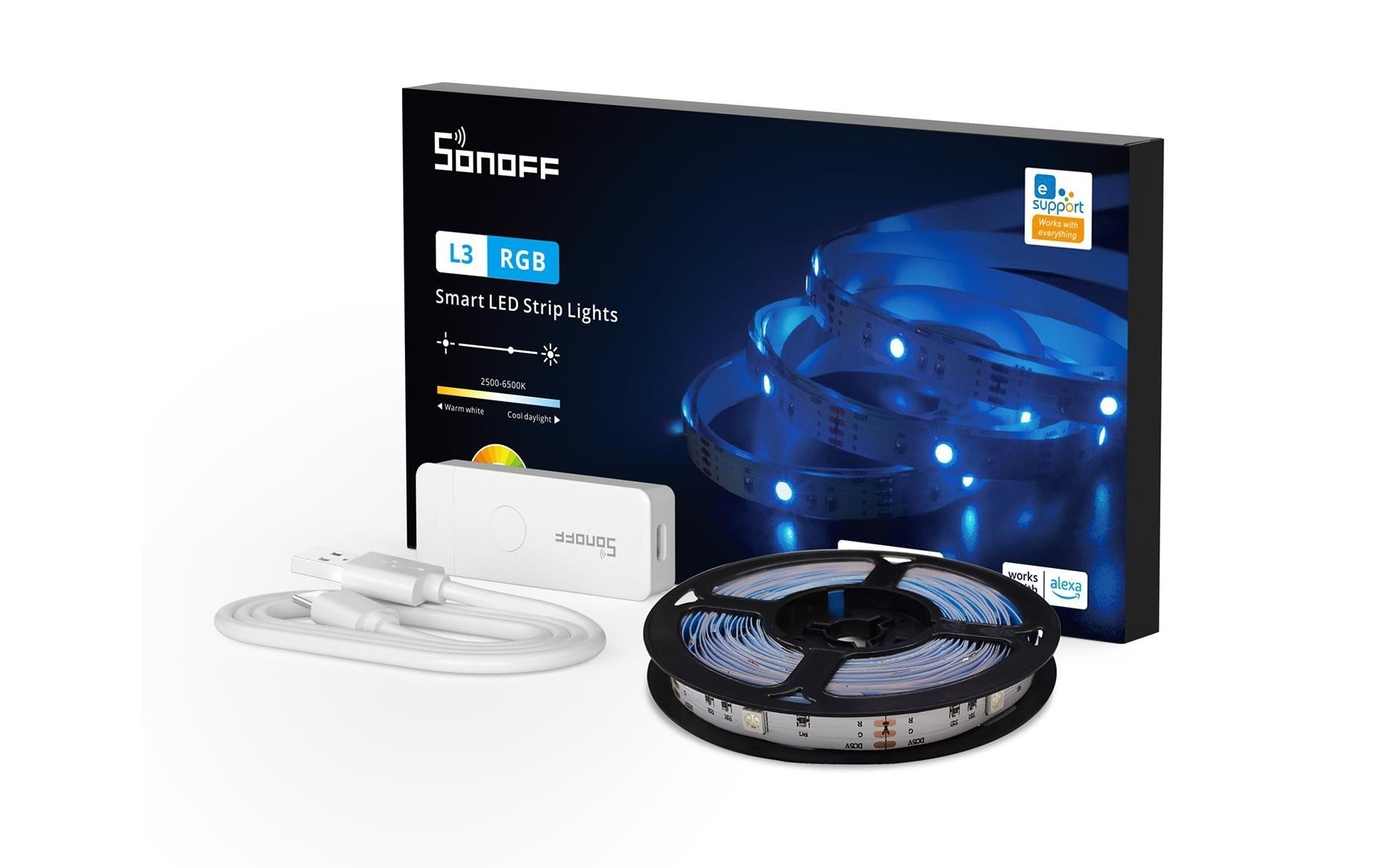 Sonoff LED-Strip L3-5M – 5 m, 10 W, RGB, 2500–6500 K, dimmbar, WiFi/BT, für Alexa/Google, weiss