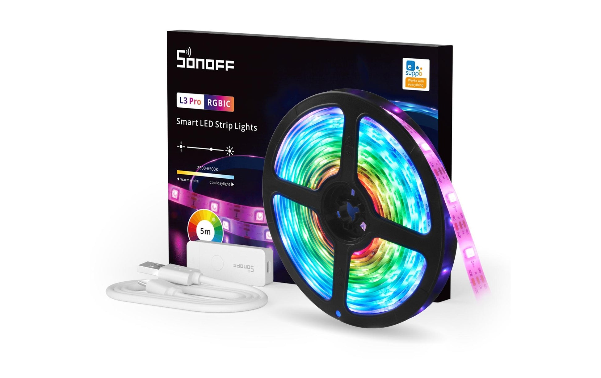 Sonoff LED-Streifen Aussen – 5 m – RGBIC – 5 V – WLAN, Bluetooth – für Alexa, Google Assistant