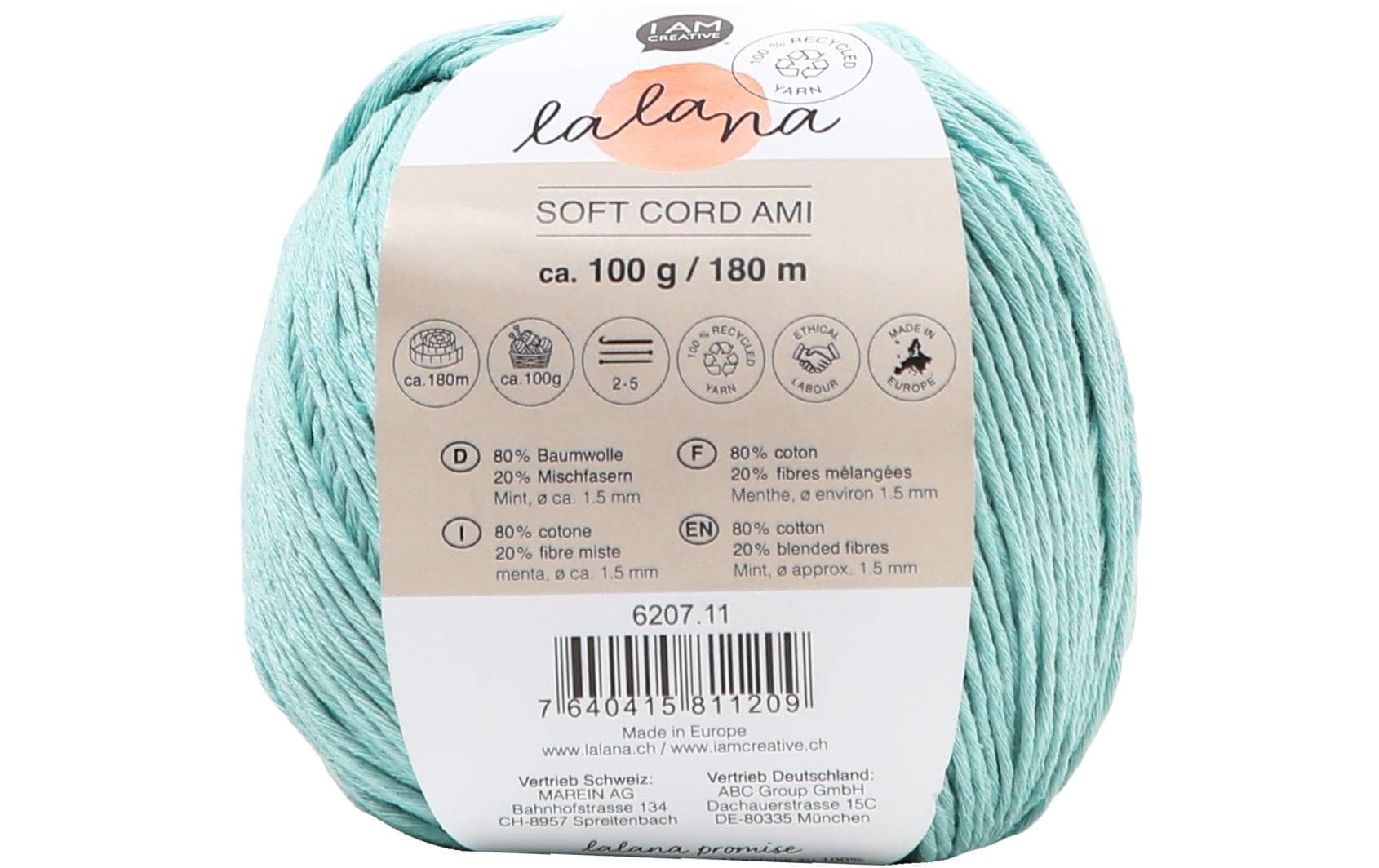 lalana Soft Cord Ami Garn Mint – 100 g, 180 m, Nadel 5 mm, 80% Baumwolle/20% Mischfasern, 1 Stk.