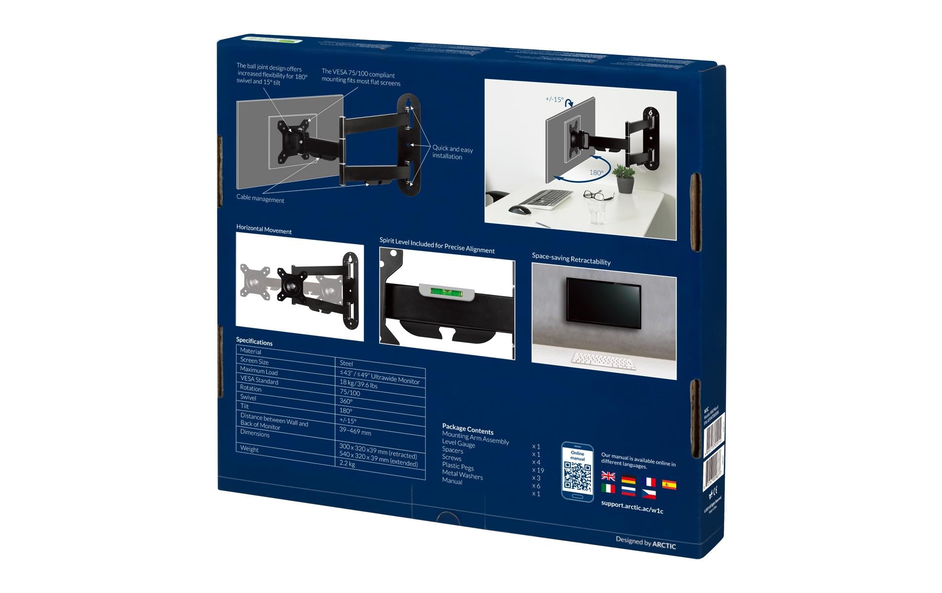 ARCTIC W1C – Monitor-Wandhalterung – 1 Monitor – bis 49" – VESA 75×75/100×100 mm – bis 18 kg/Monitor