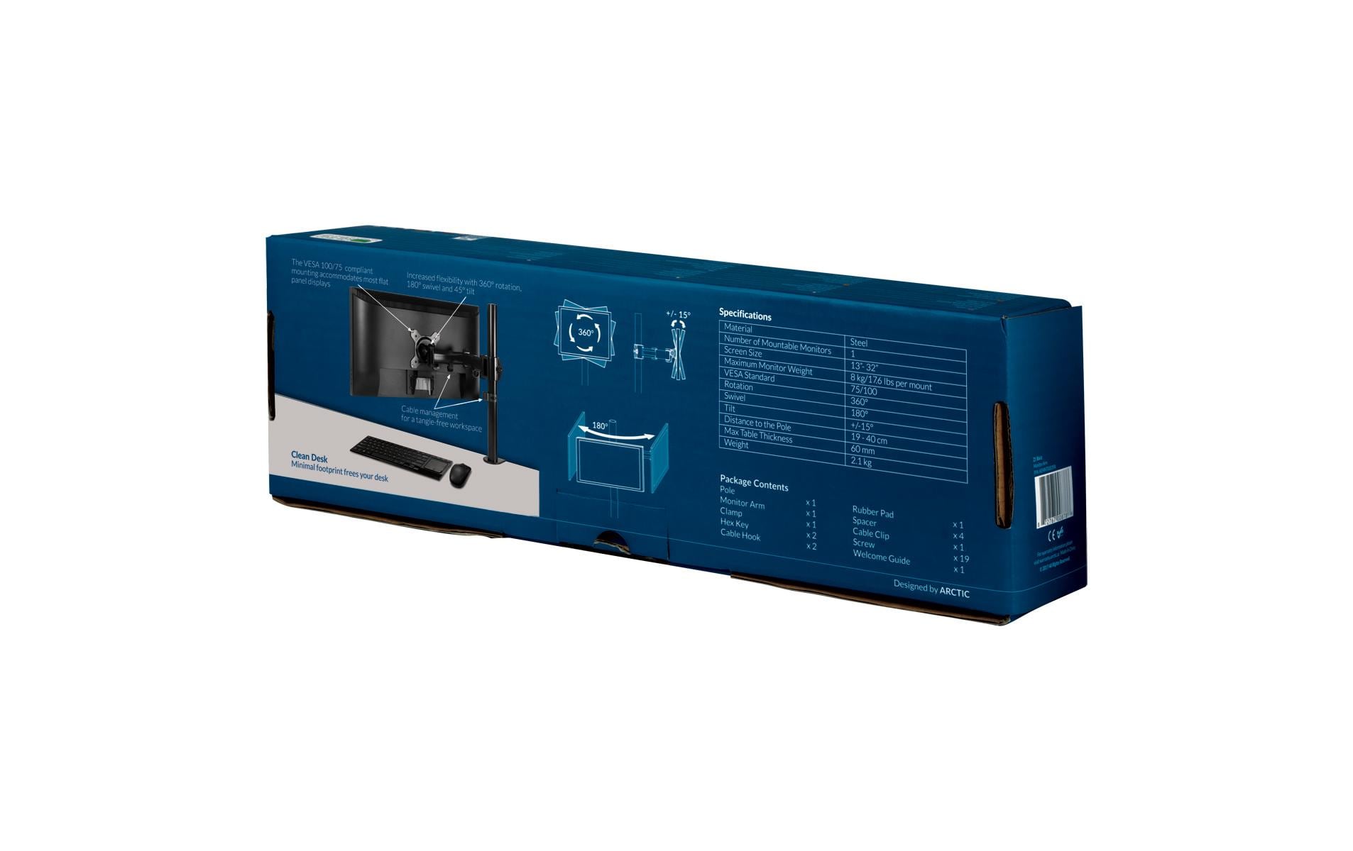 ARCTIC Z1 Basic – Monitorarm Tischhalterung – Klemme/Durchführung – 1 Monitor – 13–34" – VESA 75×75/100×100 mm