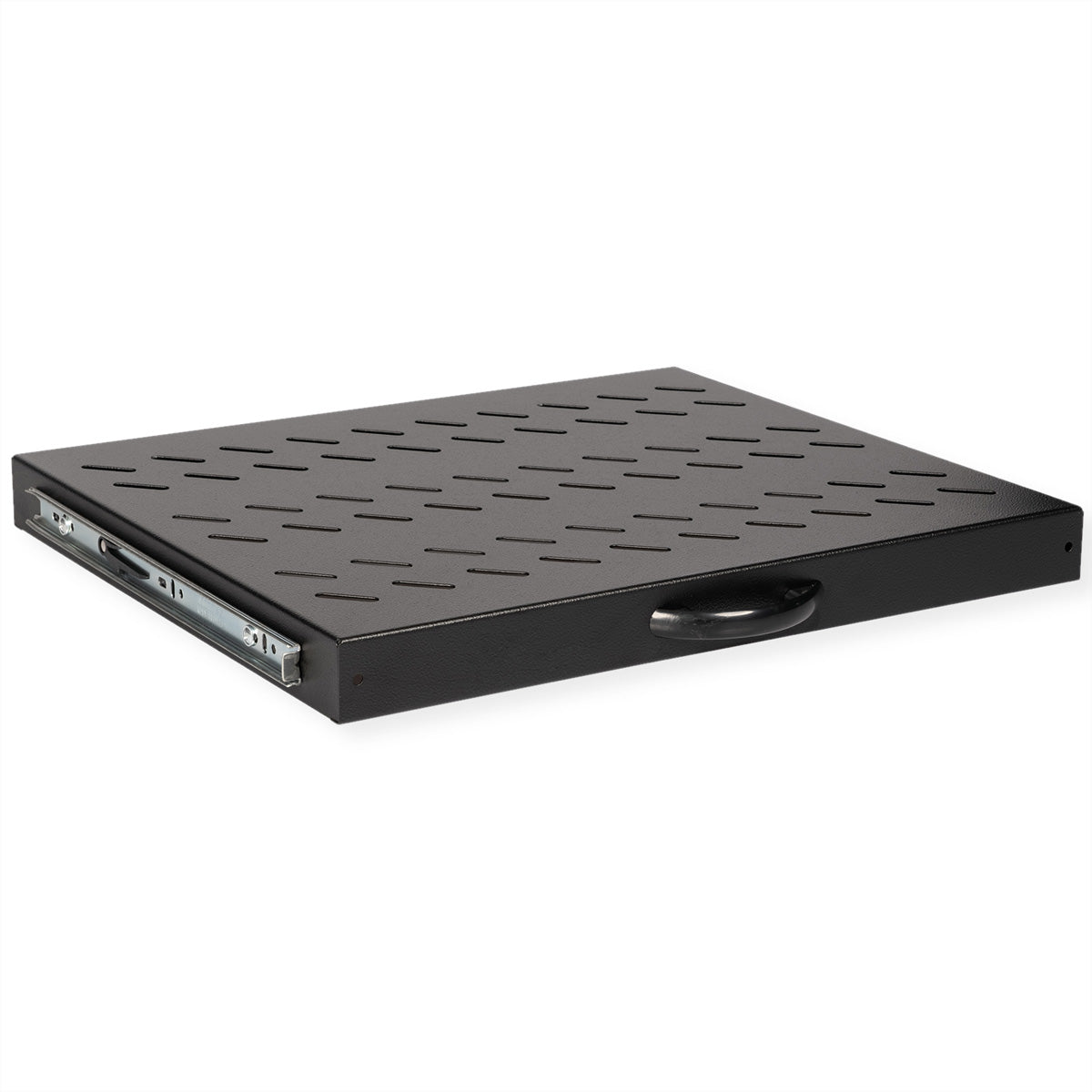 ROLINE Rack-Regalboden 19", ausziehbar – 1U – 485 × 368 × 40 mm – 25 kg – für 19"-Schränke – schwarz – Stahl