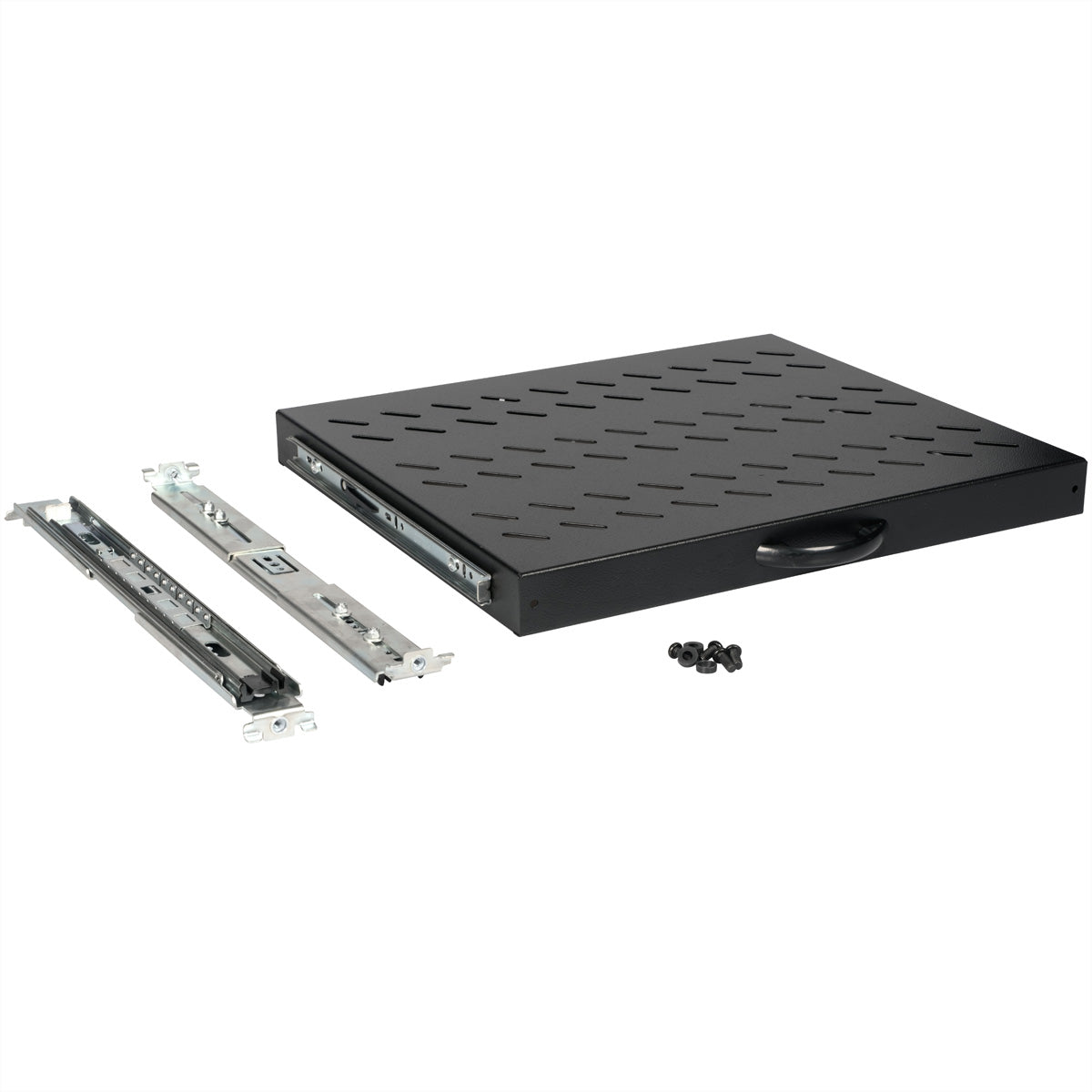 ROLINE Rack-Regalboden 19", ausziehbar – 1U – 485 × 368 × 40 mm – 25 kg – für 19"-Schränke – schwarz – Stahl