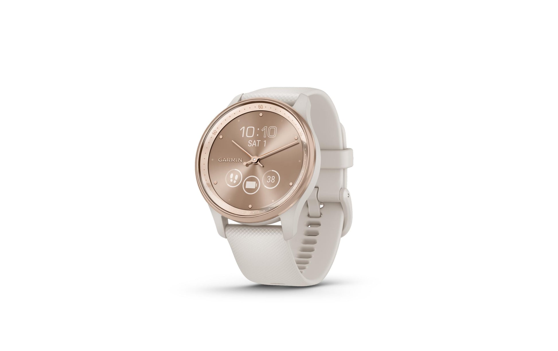 Garmin vivomove Trend – Smartwatch – 40 mm, GPS, Bluetooth, NFC, LCD, 5 ATM, Pfirsichgold, Weiss, Sportarmband