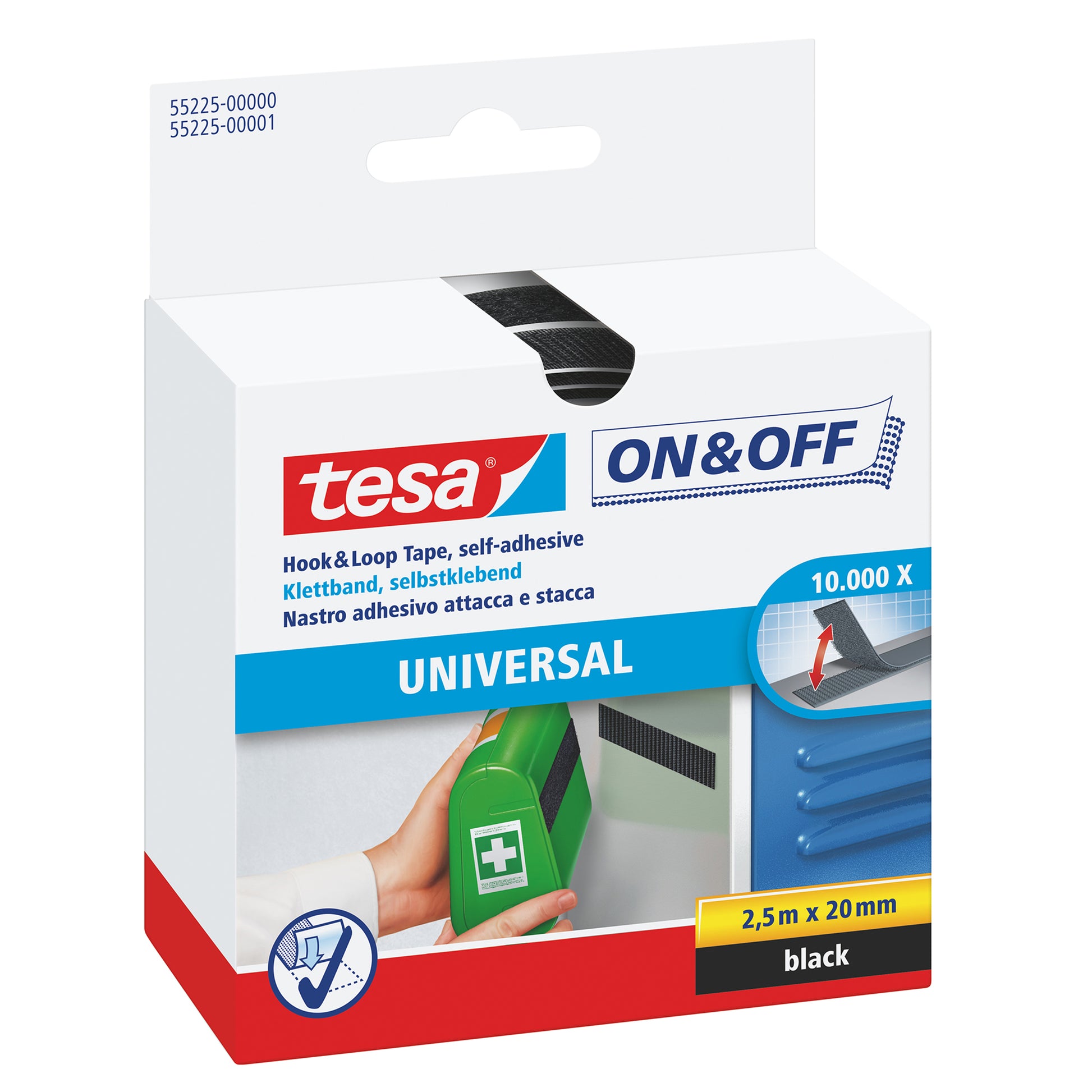TESA Klettband – permanent, 20 mm × 2,5 m, schwarz