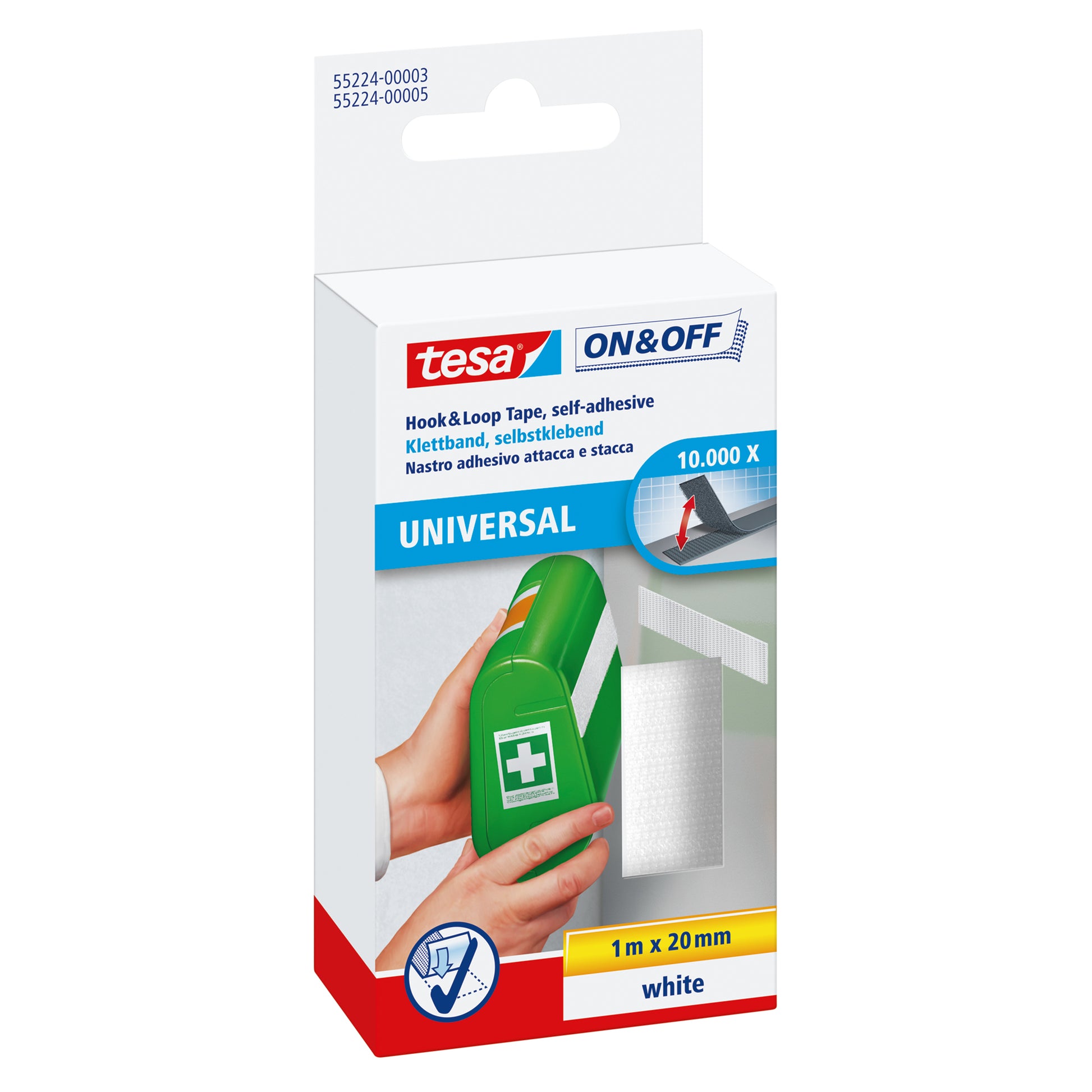 TESA Klebeband Klettband – permanent, 20 mm × 1 m, weiss