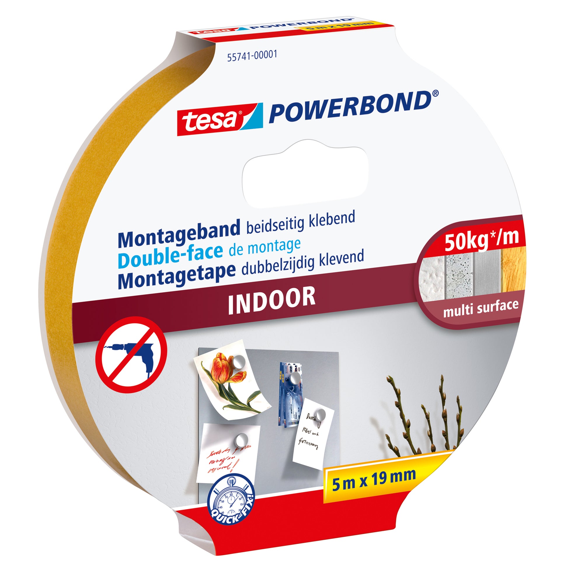 Tesa Powerbond Montageband, stark, für den Innenbereich, für glatte Oberflächen – 19 mm × 5 m, weiss, bis 5 kg/10 cm