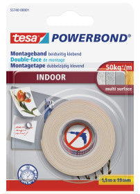 Tesa Powerbond Montageband, stark, für den Innenbereich, für glatte Oberflächen – 38 mm × 5 m, weiss, bis 5 kg/10 cm