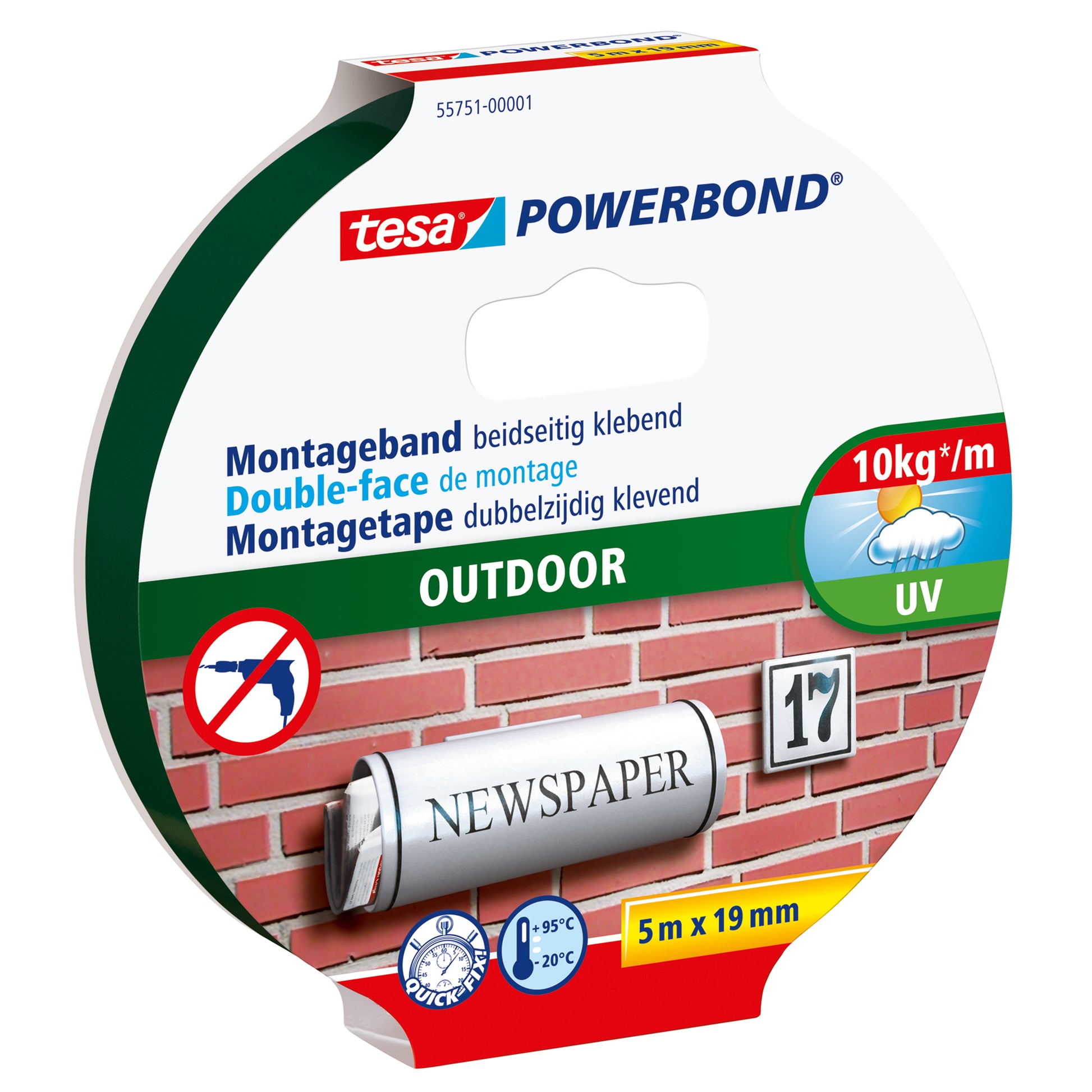 Tesa Powerbond Montageband, stark, für Aussen, für glatte Oberflächen – 19 mm × 5 m, weiss, bis 1 kg/10 cm