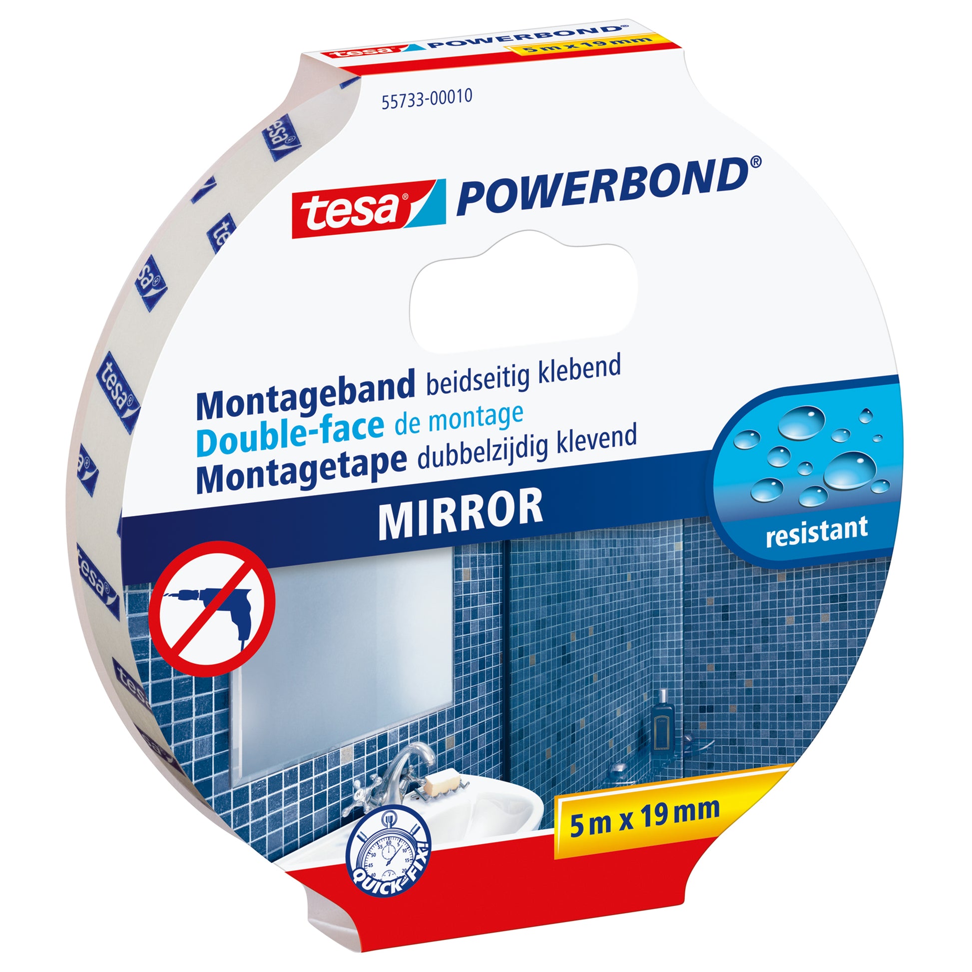Tesa Powerbond Montageband, extra stark, für Spiegel – 19 mm × 5 m, weiss, bis 5 kg/10 cm