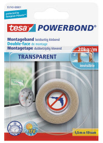 Tesa Powerbond Montageband, stark, für glatte Oberflächen – 19 mm × 5 m, transparent, bis 2 kg/10 cm