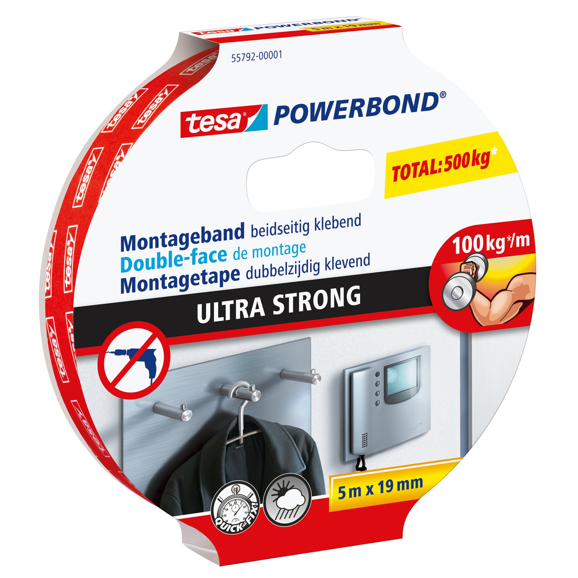Tesa Montageband Ultra Strong, für Innen- & Aussenanwendungen – 19 mm × 5 m, weiss, bis 10 kg/10 cm