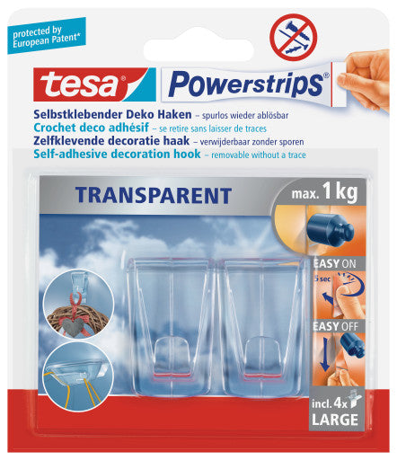 TESA Klebehaken – Kunststoff, transparent, 2,5 × 4,5 × 1,6 cm – 2er-Pack
