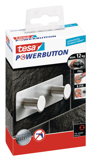 TESA Powerbutton Doppelhaken – Edelstahl, 12 kg, Klebestreifen (ablösbar), 10,9 cm
