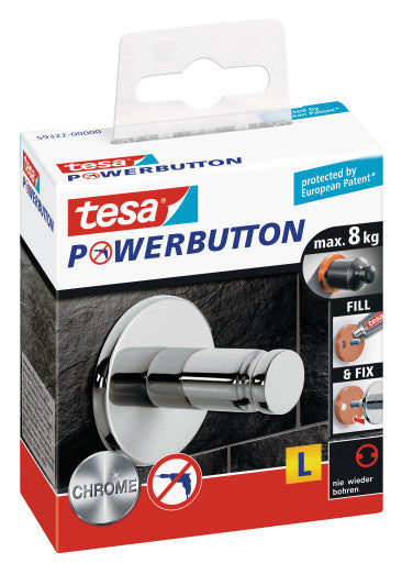 TESA Klebehaken Powerbutton – Edelstahl, 8 kg, Klebestreifen, Chrom