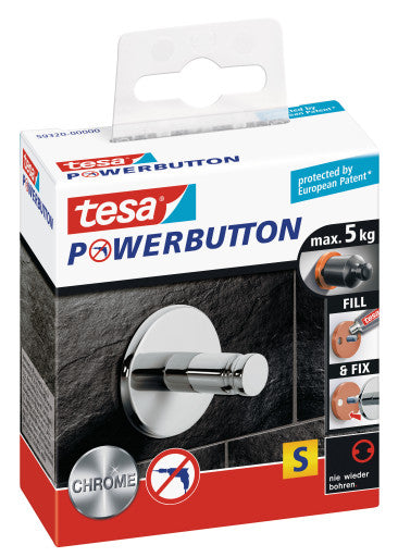 TESA Klebehaken Powerbutton – Edelstahl, 5 kg, Klebestreifen, Chrom