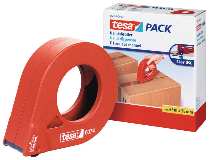 tesa Verpackungsbandabroller – für Rollenbreite bis 38 mm, für Bandlänge bis 66 m, mit Bremse, Metallmesser
