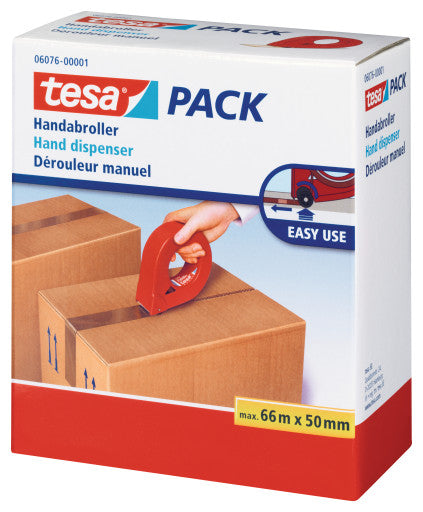 tesa Verpackungsbandabroller – für Rollenbreite bis 50 mm, für Bandlänge bis 66 m, mit Bremse, Metallmesser
