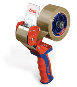 TESA Verpackungsbandabroller Comfort – für Verpackungsband bis 50 mm × 66 m, Metall, mit Bremse, Metallmesser