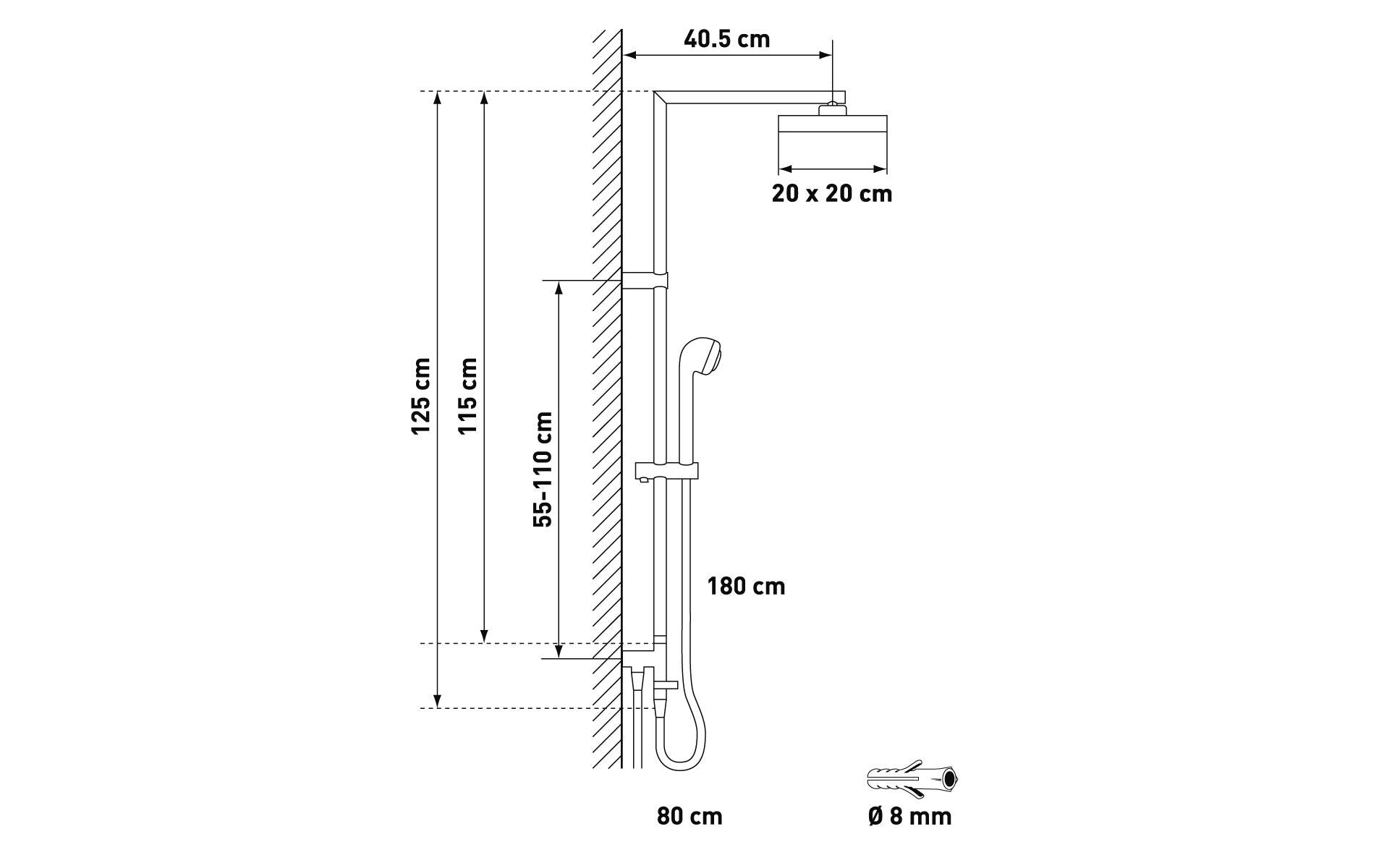 Diaqua Duschsystem Ymir Turn – 115 cm, Metall/Kunststoff, Wandmontiert, Chrom