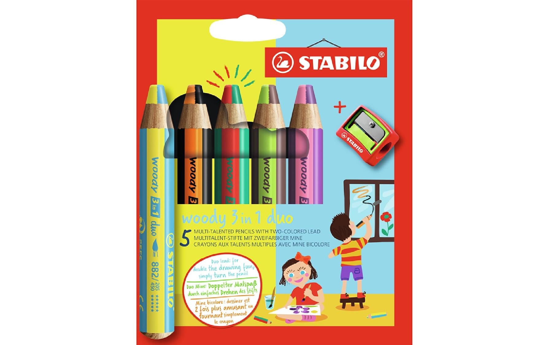STABILO 3-in-1 Farbstifte woody – 5 Duo-Farben, mit Spitzer, Ø 4,2 mm, PEFC
