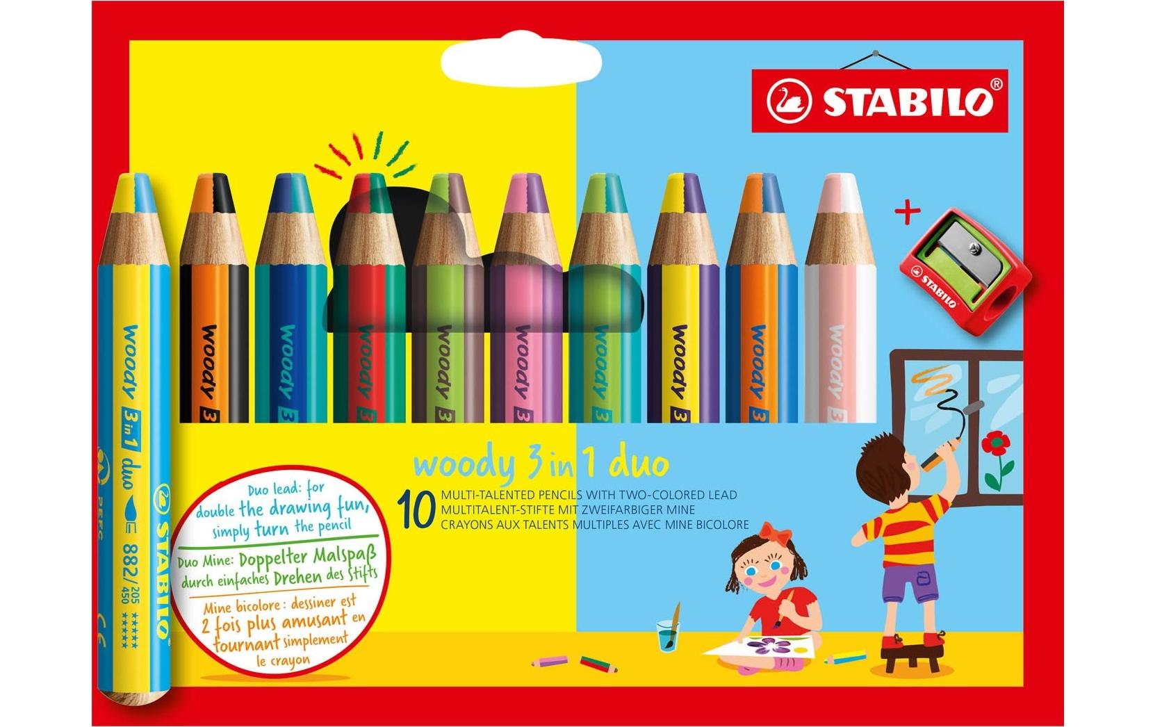 STABILO 3-in-1 Farbstifte woody – 10 Duo-Farben, mit Spitzer, Ø 4,2 mm, PEFC