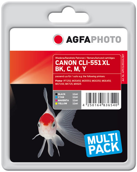 AgfaPhoto CLI-551XL Tintenpatronen-Multipack, Schwarz/Cyan/Magenta/Gelb (Kompatibel) – für Canon CLI-551XL