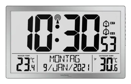 Technoline WS 8113 Wanduhr – Digital, Thermometer/Hygrometer, 37,3 × 22,8 × 3,0 cm, Silber, Kunststoff