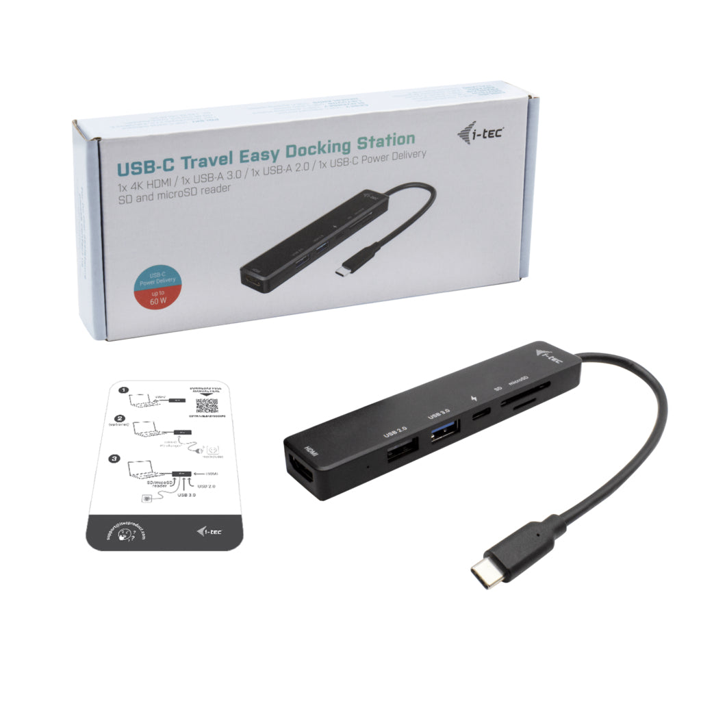 i-tec Travel Easy Multiport-Adapter – USB-C, HDMI, 2× USB-A, 1× USB-C, 60 W PD, SD/microSD, für Windows/Mac