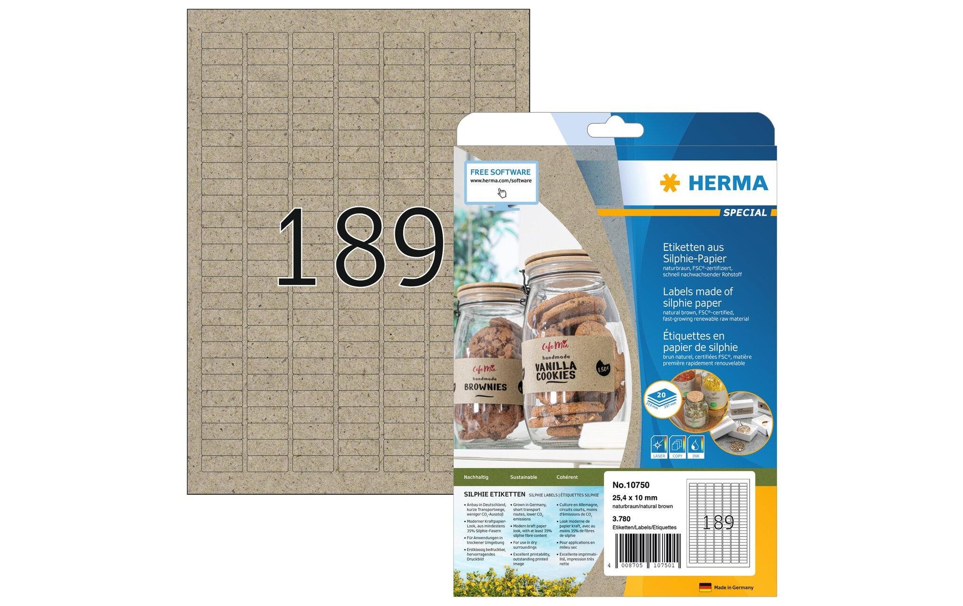 HERMA Drucketiketten, 25 mm × 10 mm (A4), braun, Papier, permanent, 20 Blätter