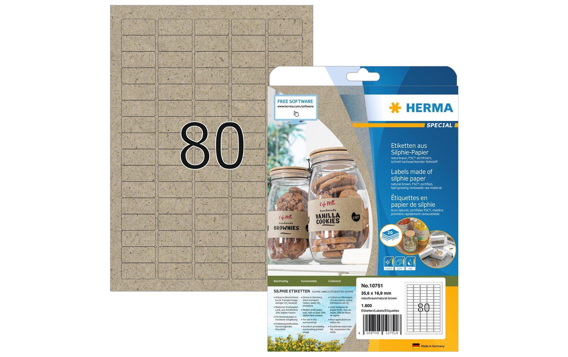 HERMA Drucketiketten, 36 mm × 17 mm, braun, Papier, permanent, 20 Blatt (1600 Etiketten)