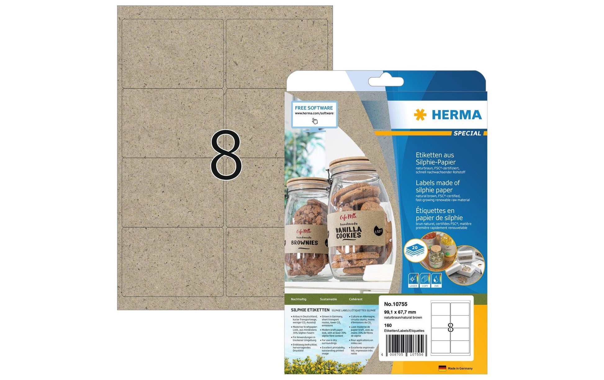 HERMA Druckeretiketten, 99 mm × 68 mm, braun, Papier, permanent, 20 Blatt (160 Etiketten)