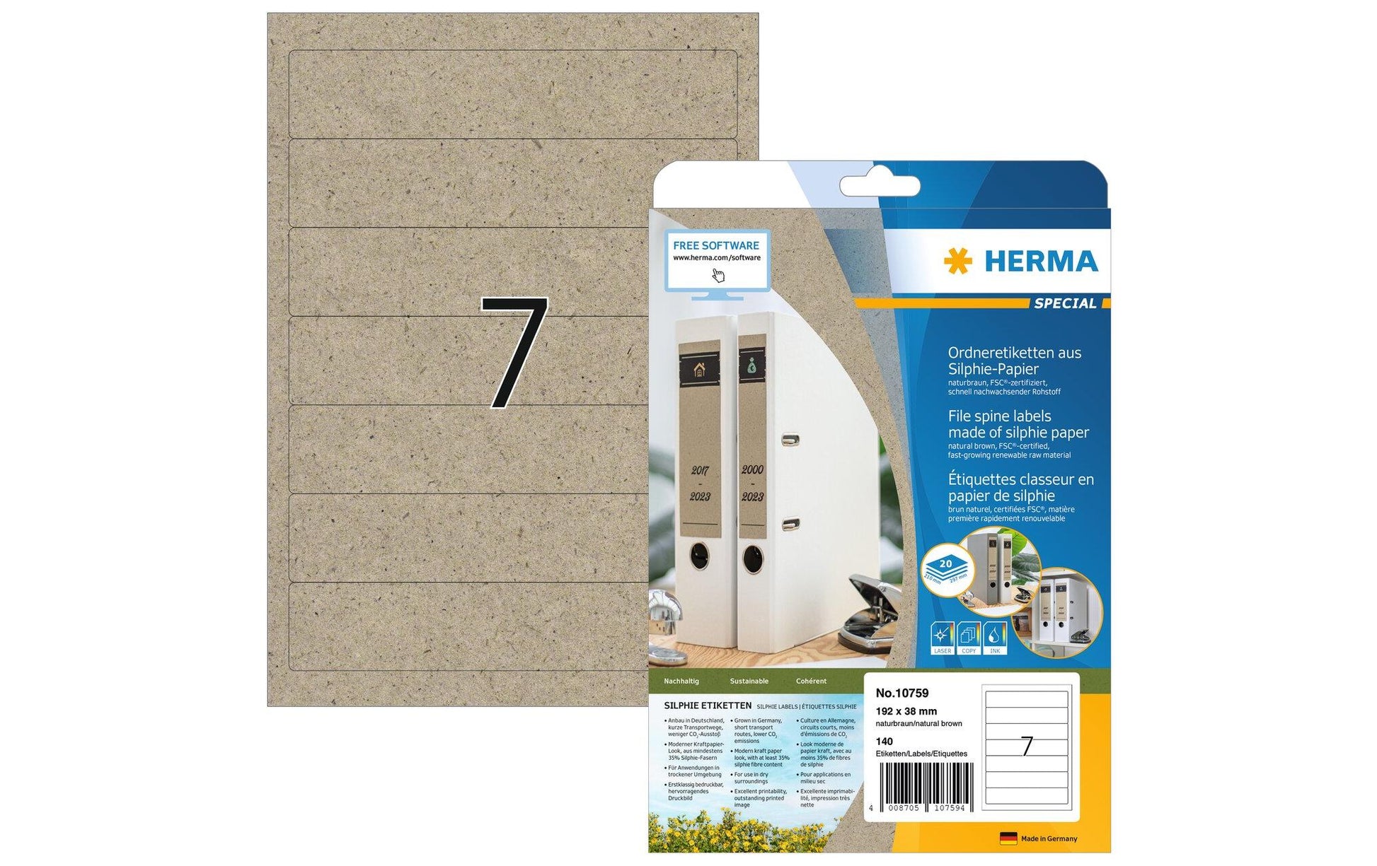HERMA Etiketten, 192 mm × 38 mm, braun, Papier, permanent, 20 Blätter (140 Etiketten)