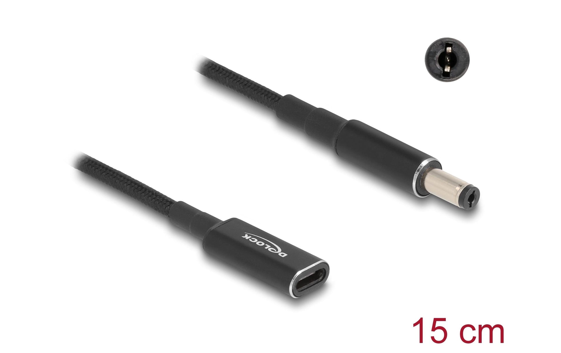 DeLOCK Adapterkabel USB-C zu 5,5 × 2,1 mm – 19,5 V, 15 cm – Schwarz