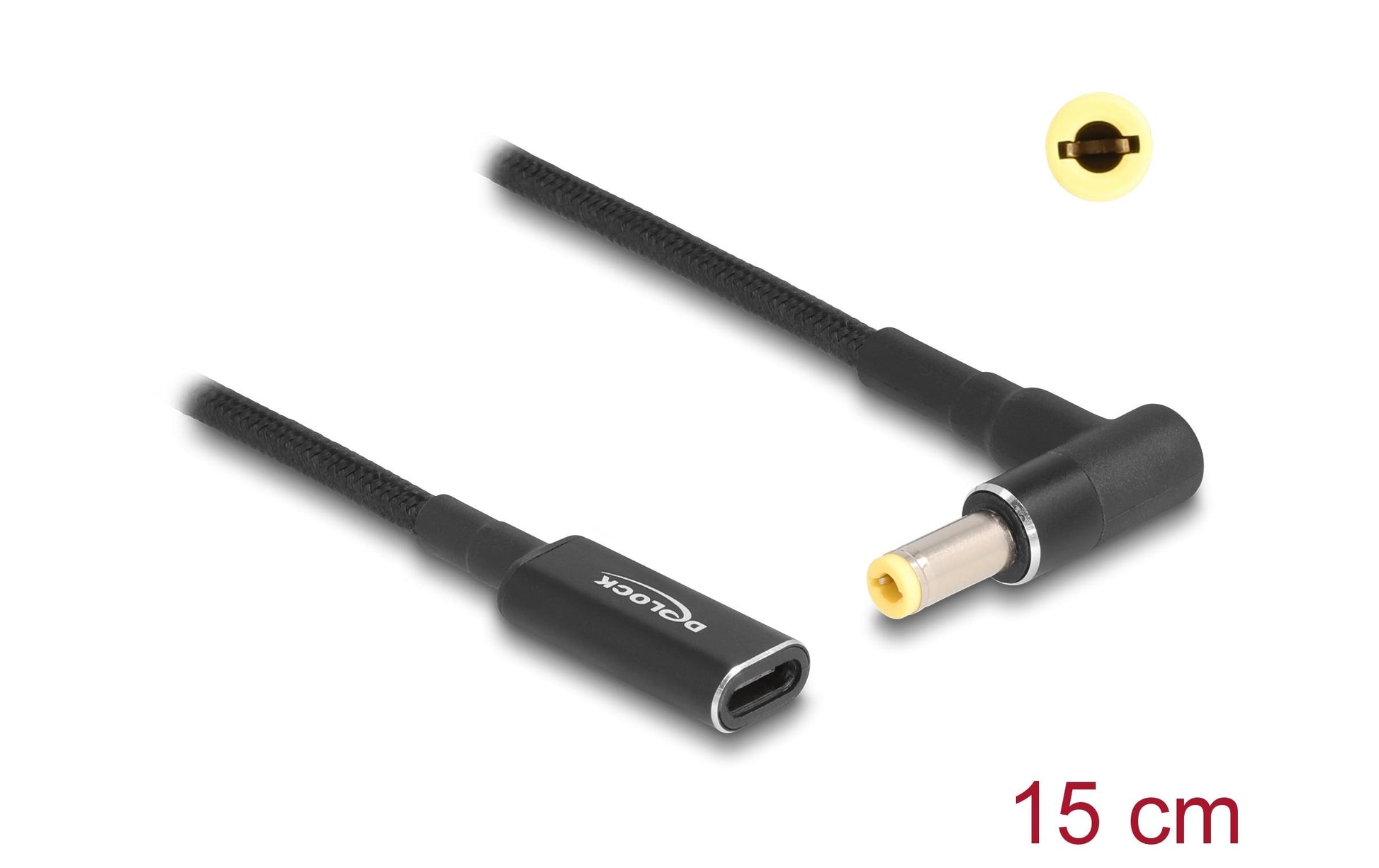 DeLOCK Adapter USB-C zu 5,5 × 2,1 mm – 19,5 V / 3 A, USB Power Delivery, 15 cm, 90° gewinkelt, Schwarz