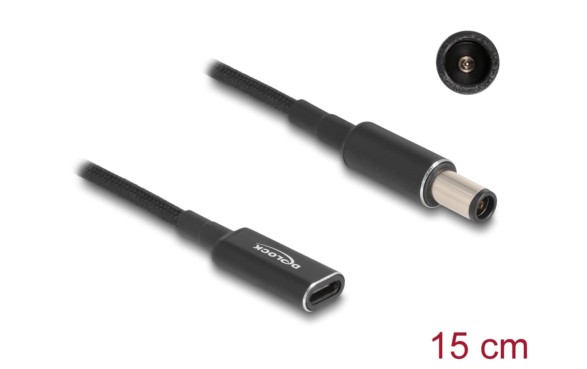 DeLOCK USB-C zu 7,4 × 5,0 mm Ladekabel – 19,5 V, 3 A, 15 cm – für HP – Schwarz