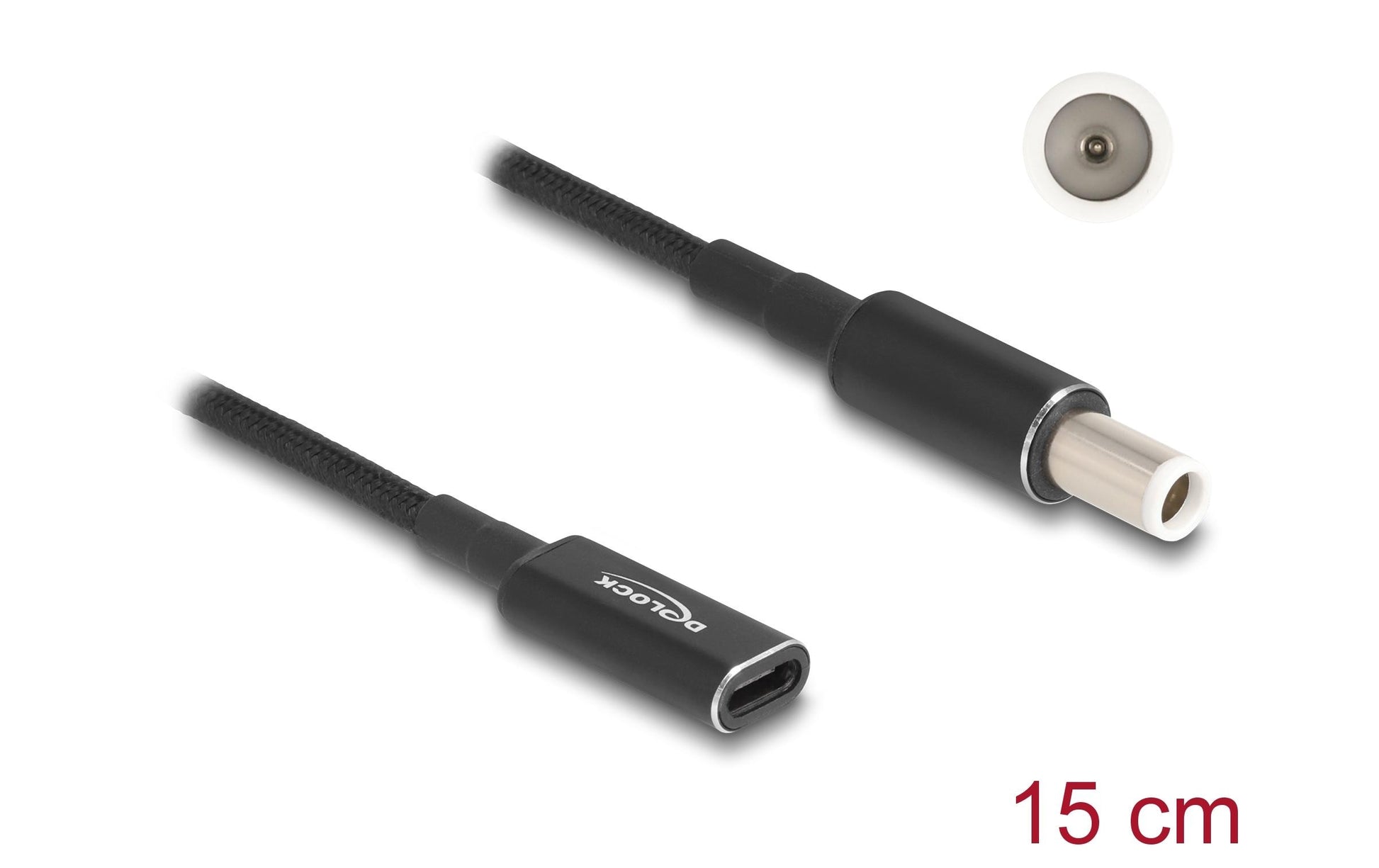 DeLOCK Adapterkabel USB-C zu Dell 7,4 × 5,0 mm – 15 cm, 19,5 V/3 A – für Dell Notebooks – Schwarz