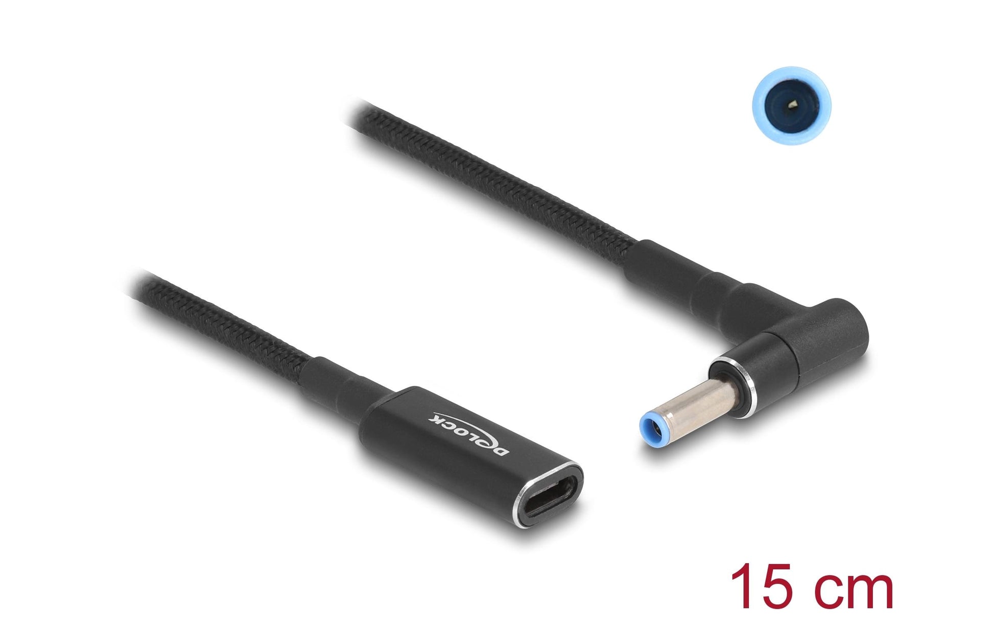 DeLOCK Adapterkabel USB-C zu HP 4,5 × 3,0 mm – 19,5 V, 3 A, 0,15 m, 90° gewinkelt, Schwarz
