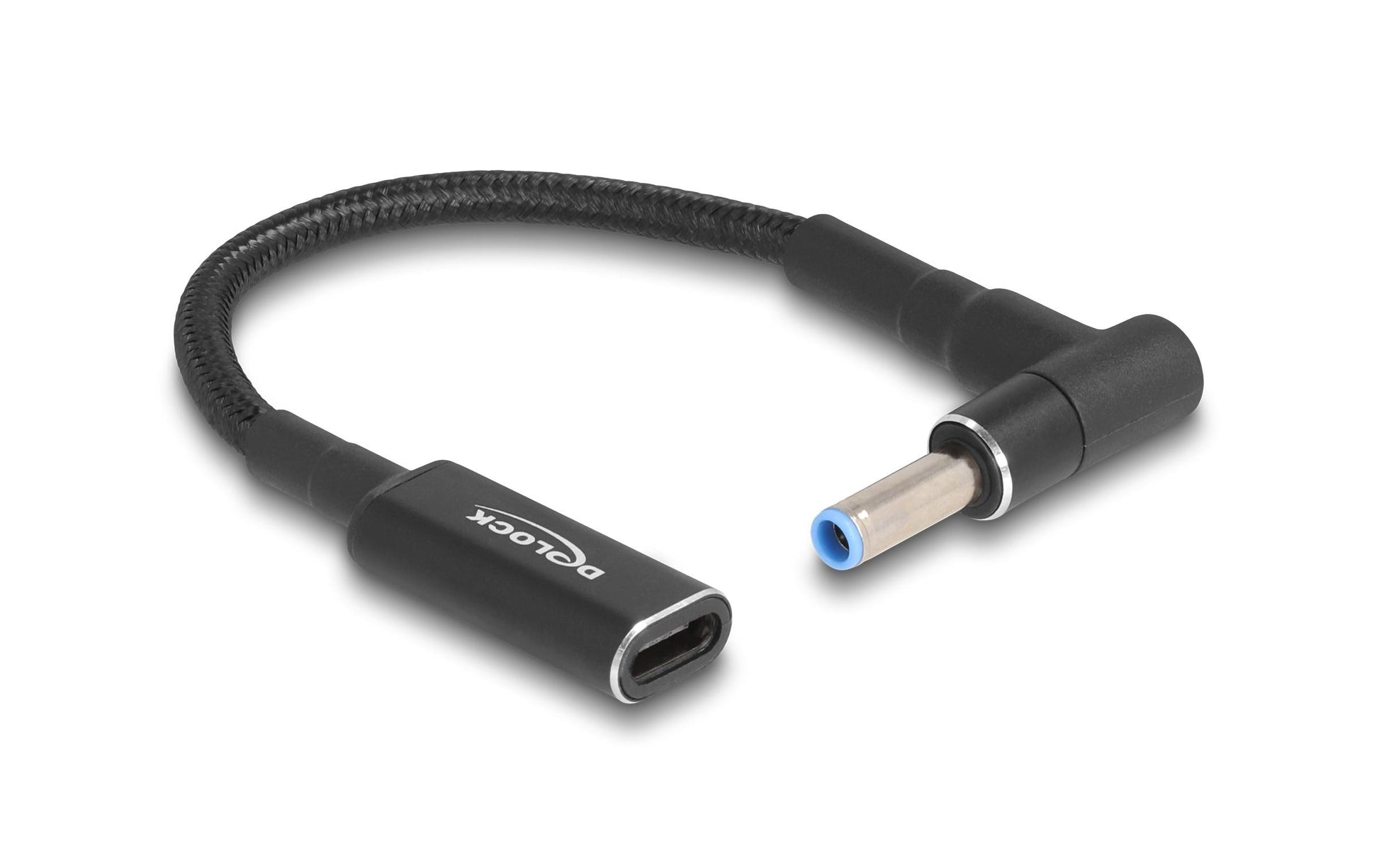 DeLOCK Adapterkabel USB-C zu HP 4,5 × 3,0 mm – 19,5 V, 3 A, 0,15 m, 90° gewinkelt, Schwarz