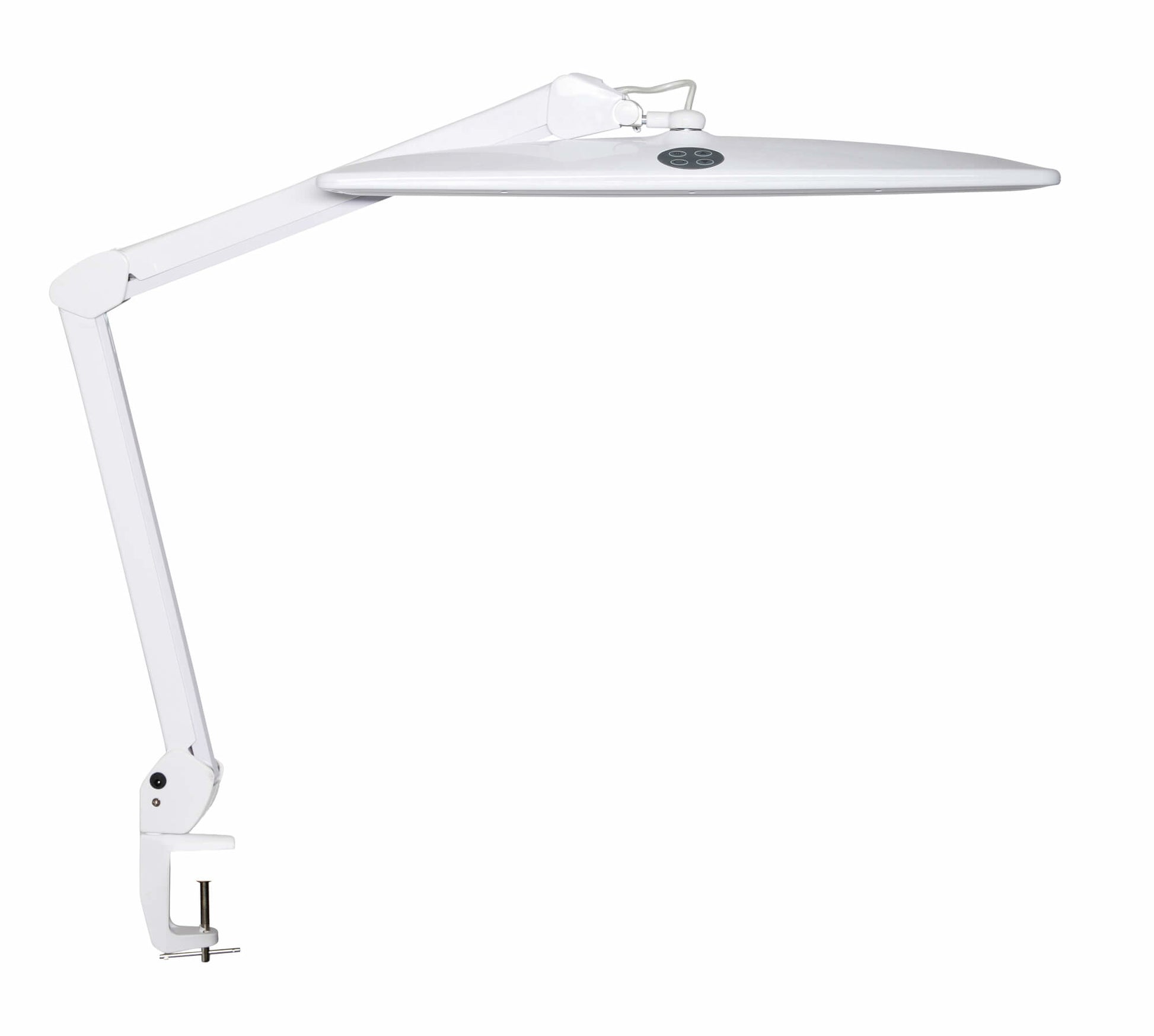 MAUL LED-Tischleuchte – Klemmfuss, schwenkbar, 3 Lichtmodi, dimmbar – 6500 K – 2'248 lm 21 W – Weiss Metall