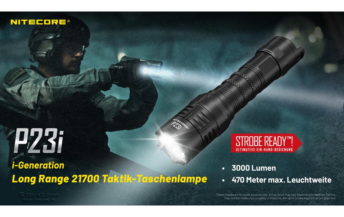 Nitecore Taschenlampe P23i – 3000 lm, 470 m, IP68, 5000 mAh Akku, USB-aufladbar – Schwarz