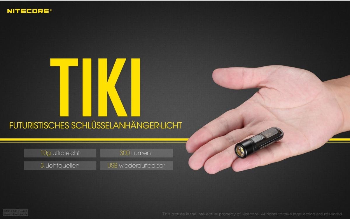 Nitecore Taschenlampe TIKI – 300 lm, 71 m, IP66, Akku, USB, 7 Modi – Grau