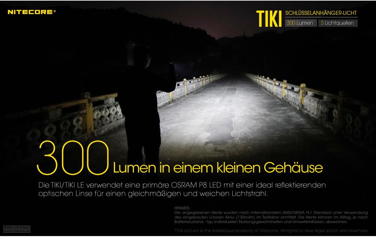 Nitecore Taschenlampe TIKI – 300 lm, 71 m, IP66, Akku, USB, 7 Modi – Grau