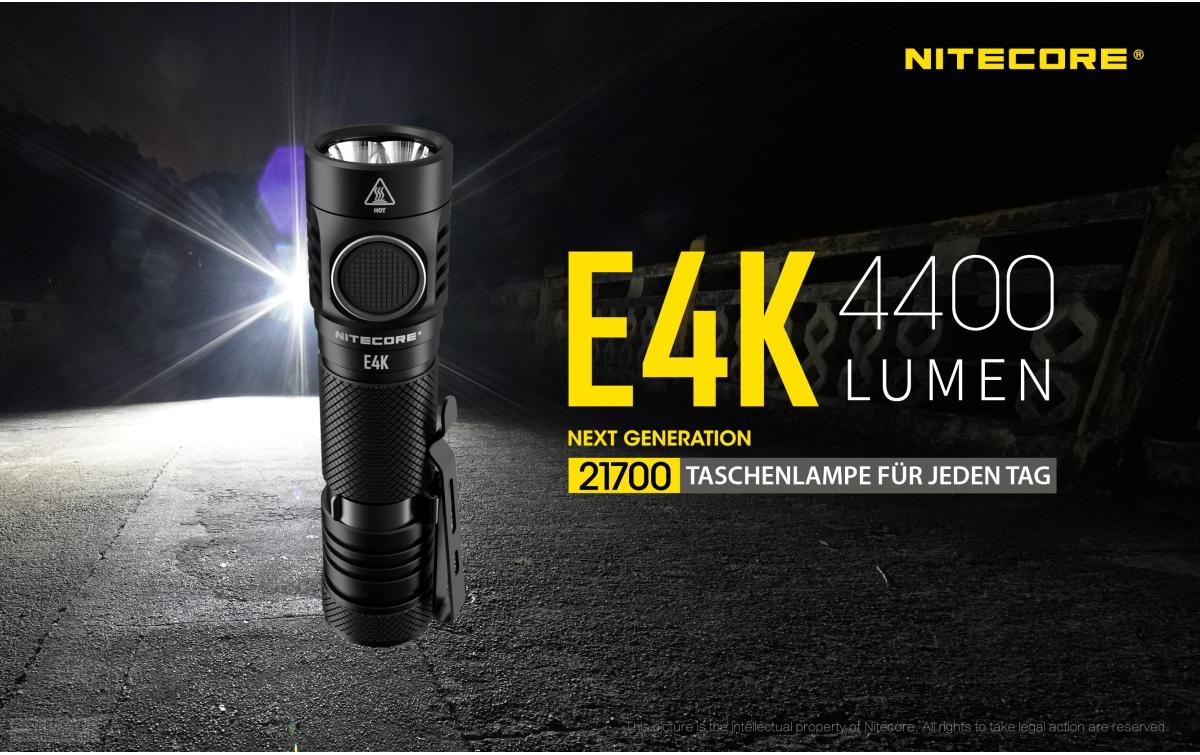 Nitecore Taschenlampe E4K – 4400 lm, 211 m, IP68, USB, Turbo/SOS/Stroboskop – Schwarz