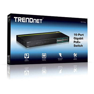 Trendnet TPE-TG160g – Unmanaged L2 Switch – 16× 1G, PoE+, PoE-Budget 246 W, 19", 1U