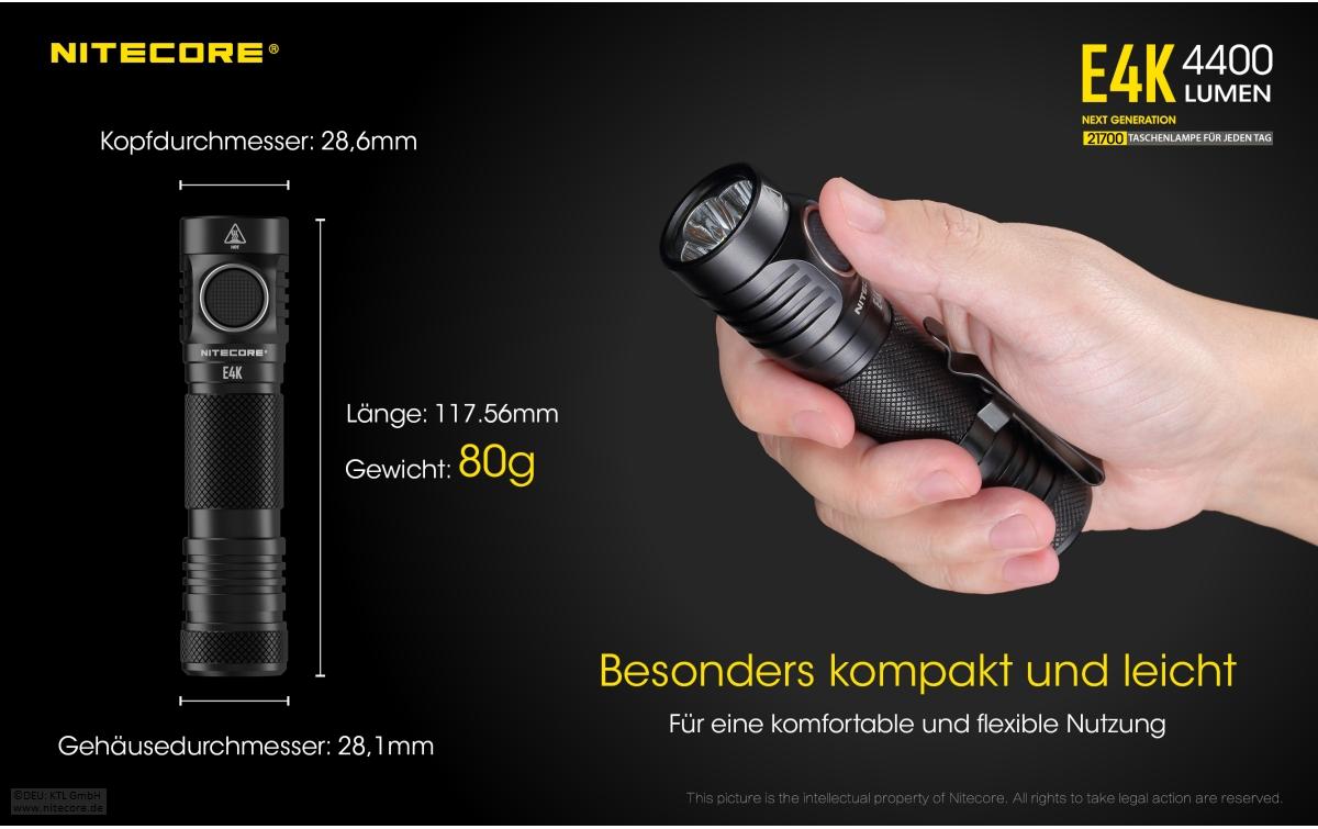 Nitecore Taschenlampe E4K – 4400 lm, 211 m, IP68, USB, Turbo/SOS/Stroboskop – Schwarz